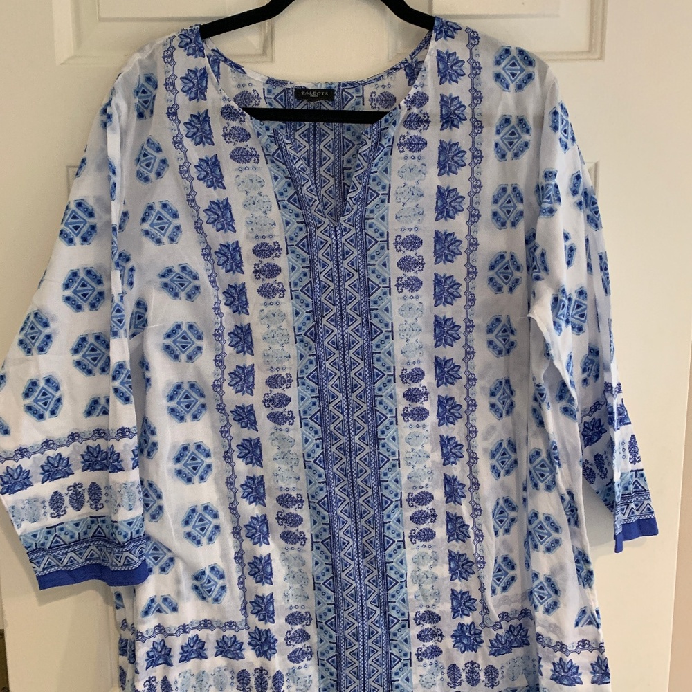 Talbots White and Blue Printed Tunic or Swim Coverup   Size XL